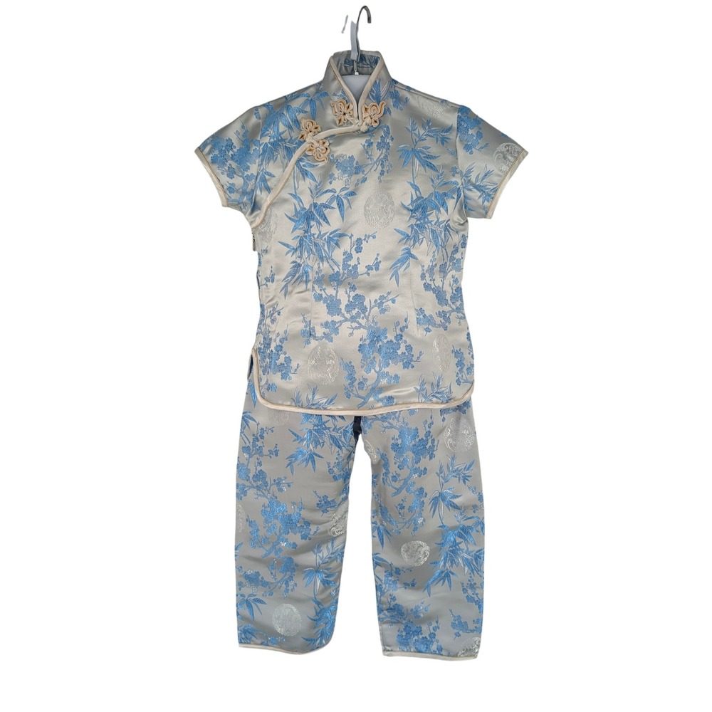 Solz Squirrel Kids Cheongsam Set Sz 8 Blue Silver Floral Brocade Traditional